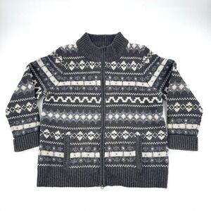 L.L.Bean Women's XL Full Zip Fair Isle Ski Sweater Jacket Wool Charcoal Cream
